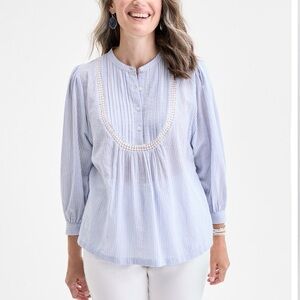 EUC, STYLE & COMPANY 100% COTTON BLUE & WHITE STRIPE TUNIC TOP W/LACE DETAIL L